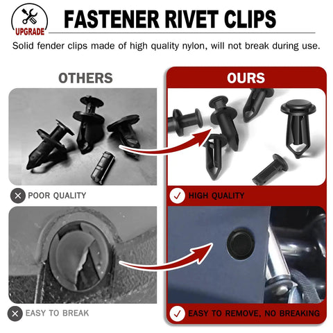 Comparison of poor and high quality 8mm UTV ATV fender clips from 120 Piece 8mm UTV ATV Fender Clip Set With Push Rivets Fasteners