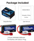 7.4V 2200mAh LiPo Battery 50C Burst 80C High Discharge For RC Cars Truggies Planes FPV Drones Quadcopters And Helicopters With Dean Style T Plug, Lightweight Durable Power For Extended Run Time And Peak Performance shown with box and manual.