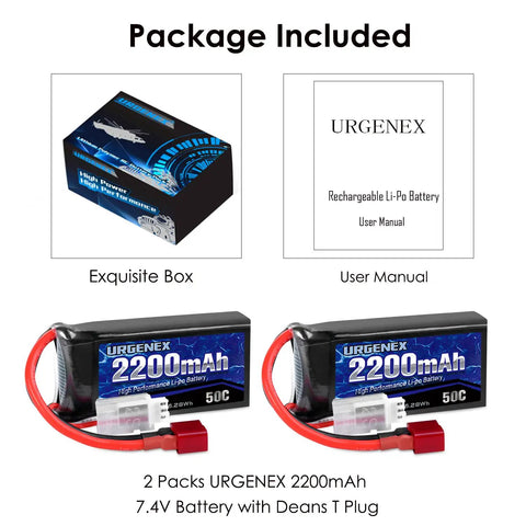7.4V 2200mAh LiPo Battery 50C Burst 80C High Discharge For RC Cars Truggies Planes FPV Drones Quadcopters And Helicopters With Dean Style T Plug, Lightweight Durable Power For Extended Run Time And Peak Performance shown with box and manual.