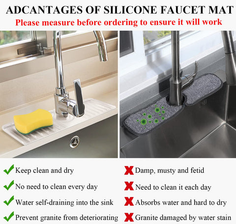 Comparison of silicone mat and traditional sink, text highlighting features, Clear Silicone Sink Splash Guard Mat with accessories