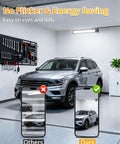 Garage with car under 40W LED Shop Lights With 6 Foot Cord And Easy Switch 5400 Lumens Daylight 6000K Crankin Bright Plug In Garage Light