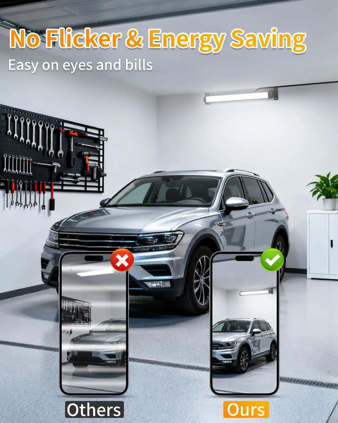 Garage with car under 40W LED Shop Lights With 6 Foot Cord And Easy Switch 5400 Lumens Daylight 6000K Crankin Bright Plug In Garage Light