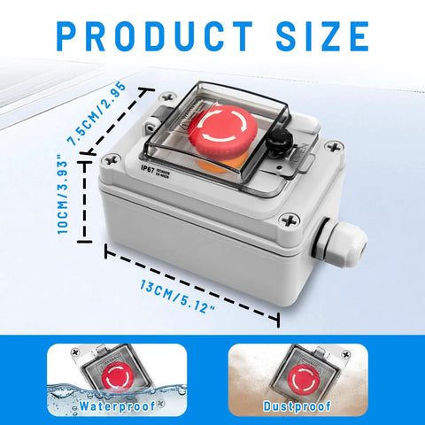 Rugged IP67 Emergency Stop Button With Box For Outdoor Use, 660V 10A E Stop Switch With Clear Cover, Waterproof ABS Enclosure shown