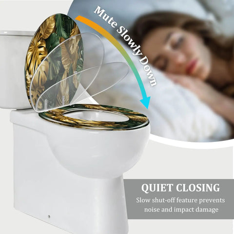 Elongated Resin Toilet Seat for Bathroom with tropical design, quiet closing feature, and raised lid for slow descent.