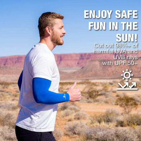 Man running in desert wearing blue Cooling Arm Sleeves For Men Women And Youth Breathable Moisture Wicking Sun Protection For Basketball