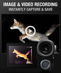 2-In-1 Thermal Monocular with 256x192 Resolution displaying fox on 3.5 inch screen for camping and hunting