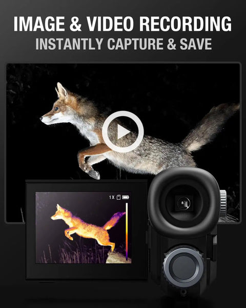 2-In-1 Thermal Monocular with 256x192 Resolution displaying fox on 3.5 inch screen for camping and hunting