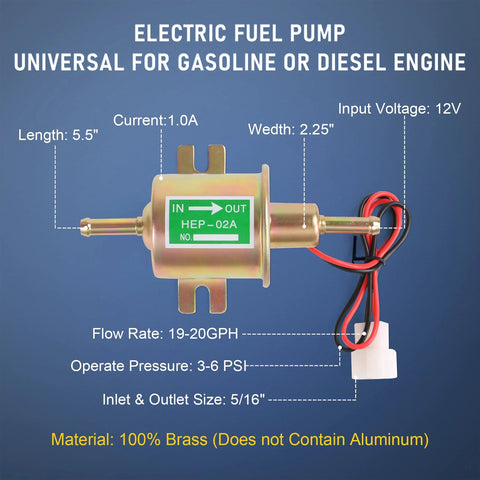 12V Low-Pressure Electric Fuel Pump Kit With Filter, 6.56 Ft 5/16 Inch ID Fuel Line for Gas and Diesel Engines with Plug-N-Play Installation