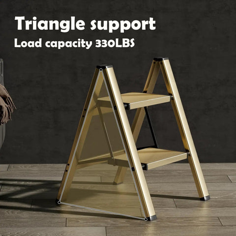 2 Step Foldable Aluminum Stool Ladder For Home Use, Lightweight And Compact, No-Hassle Easy Open Fold, Sturdy And Versatile Reach To 24-Inch, Ideal For Reaching Cabinets And High Shelves, Perfect For Seniors And DIY Enthusiasts. gold 2-step aluminum stool ladder, 330 lb capacity, triangle support