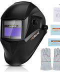 Front view of Auto Darkening Welding Helmet With Solar Power, Wide 3.66 by 1.69 Inch Viewing Size, Includes Gloves, TIG MIG MAG Ready