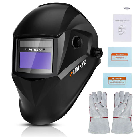 Front view of Auto Darkening Welding Helmet With Solar Power, Wide 3.66 by 1.69 Inch Viewing Size, Includes Gloves, TIG MIG MAG Ready