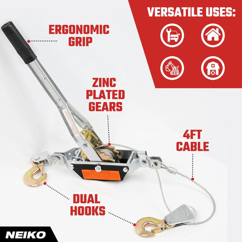 NEIKO 02251A come-along winch, 1-ton capacity, zinc-plated gears, dual hooks, 4 ft steel cable
