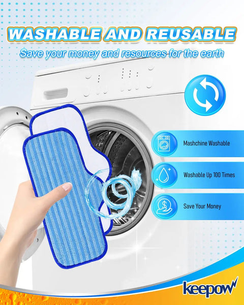 Person holding washable microfiber steam mop pad for Dupray Neat and Schenley mops near washing machine.