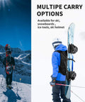 Snowboarder with 22L Ski And Snowboard Backpack Waterproof Travel Pack With Tough 900D Polyester Build, carrying a snowboard