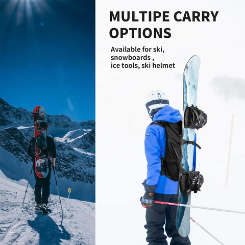 Snowboarder with 22L Ski And Snowboard Backpack Waterproof Travel Pack With Tough 900D Polyester Build, carrying a snowboard