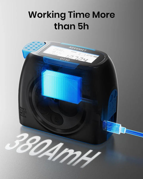 Close-up of 2 In 1 Laser Distance Meter And Auto Lock Tape Measure with digital display showing working time and USB charging port.