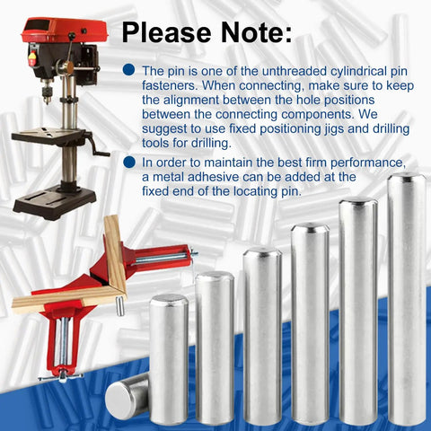 3mm By 20mm Stainless Steel Dowel Pins 304 Grade Cylindrical Locating Pins For Precision Alignment Easy Insertion Rust Resistant Durable For Tools Machinery And DIY Projects, shown with drill and clamp setup