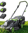 17 Inch Electric Lawn Mower With Brushless Motor And 6 Height Settings For Small To Medium Yards 2 In 1 Bagging And Mulching Dual 40V System With 2x 4Ah Batteries And Charger Included No Gas shown on grass