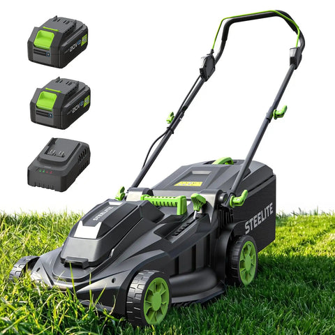 17 Inch Electric Lawn Mower With Brushless Motor And 6 Height Settings For Small To Medium Yards 2 In 1 Bagging And Mulching Dual 40V System With 2x 4Ah Batteries And Charger Included No Gas shown on grass