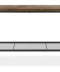 Front view of Industrial Entryway Bench with Hidden Storage Shelf, durable wood top, steel frame, modern rustic design.