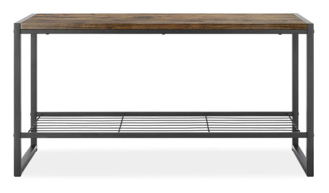 Front view of Industrial Entryway Bench with Hidden Storage Shelf, durable wood top, steel frame, modern rustic design.