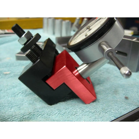 Dial Indicator Holder For Lathe Mounts 1/2 Inch Tool Post Compatible With BXA AXA 0XA Heavy Duty Indicator Stand With Aluminum Column No Fuss Setup For Precise Machining And Spot On Alignment, red and black close-up