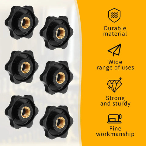 Top Shelf 10 Pack M8 Knurled Clamping Nuts With Slick Black Star Thumb Grips For Dead Simple Machinery Maintenance And Knockout Reliable Latch Adjustments, featuring six black star thumb grips with copper inserts.