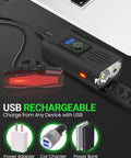 Ultra Bright USB Bike Light Set With Front And Rear Lights 6 Plus 4 Modes Rechargeable Headlight And Taillight Waterproof Ride Safe For Night Rides On City Trails And Family Rides shown with USB charging options.