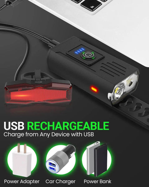 Ultra Bright USB Bike Light Set With Front And Rear Lights 6 Plus 4 Modes Rechargeable Headlight And Taillight Waterproof Ride Safe For Night Rides On City Trails And Family Rides shown with USB charging options.