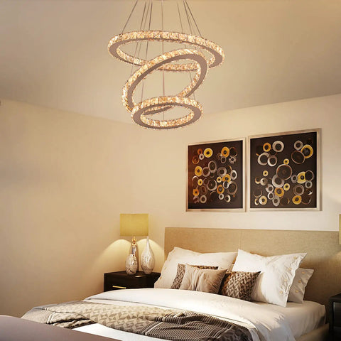 Dope Modern Crystal Ring Chandeliers LED Pendant Light With Adjustable Height And Ring Sizes 12, 16, 20 Inches Cool White