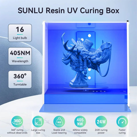 3D model inside Dope Resin UV Curing Box Plus with 405nm UV LEDs, 360-degree rotating turntable, and acrylic reflector in action.