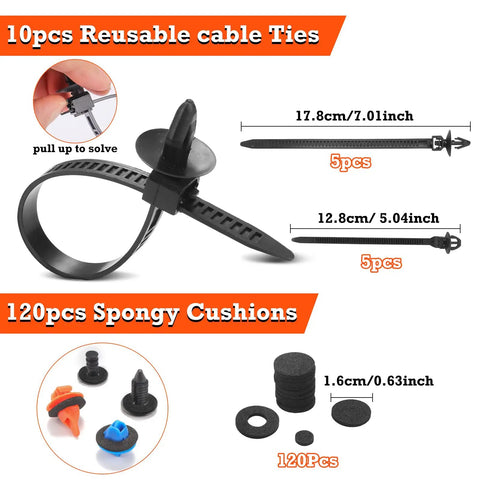 Universal Car Retainer Clips And Fasteners Kit includes cable ties and spongy cushions, shown in size detail.