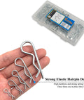 Hand holding 114 Piece Hitch Pin Clip Kit R Clips Retaining Pins For Dolly Trailer Hand Truck And Tractor Uses 5 Size Assortment M1 To M3 Hair Pin Set.
