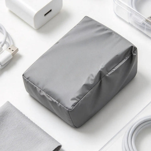 Heavy Duty EV Charger Cover With Snag Proof Drawstring Closure Waterproof Dustproof Weather Guard Built Tough As Nails For Outdoor Plug Protection Goes Hard Rain Or Shine in gray fabric.