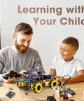 Epic Hands On Programmable Robot Kit For Kids Ages 8 To 12 And 12 To 16 With Remote And App Control ESP32 Powered Scratch And Arduino Compatible STEM Toys For Boys And Girls Yellow, father and son building robot