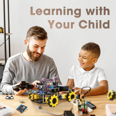 Epic Hands On Programmable Robot Kit For Kids Ages 8 To 12 And 12 To 16 With Remote And App Control ESP32 Powered Scratch And Arduino Compatible STEM Toys For Boys And Girls Yellow, father and son building robot