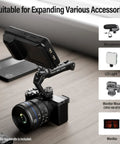 Universal Camera Cage Top Handle With Cold Shoe Mount attached to a camera, showing accessory compatibility on desk setup.