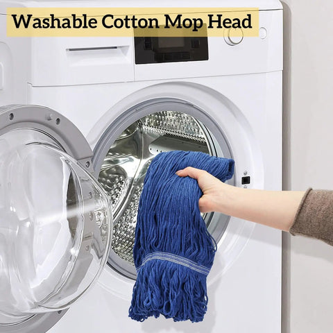 Washing machine with cotton mop head being placed inside for cleaning, showcasing washable feature.