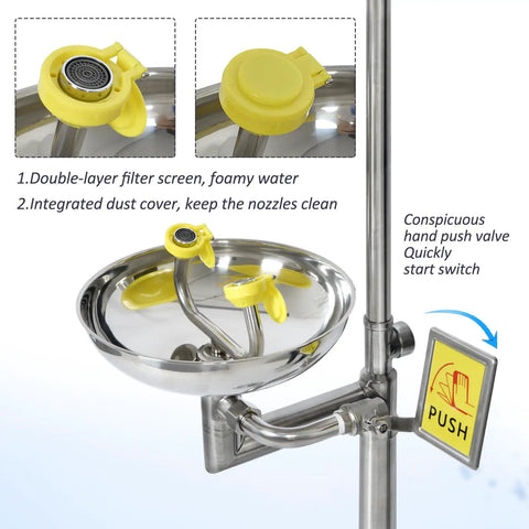 Pro Grade SS304 Stainless Steel Emergency Shower Eyewash Station Combo Kit With Dual Aerated Nozzles To Deliver Full Coverage Heavy Duty Safety Basin Built Tough For Daily Grind Operations