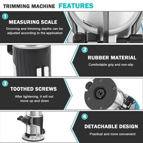 Heavy Duty Cordless Palm Router Built Tough For Job Site Woodworking Runs Buttery Smooth With Quick Makita 18V Battery Swap And Zero Tangled Cord Hassle features measuring scale, rubber material, and toothed screws.