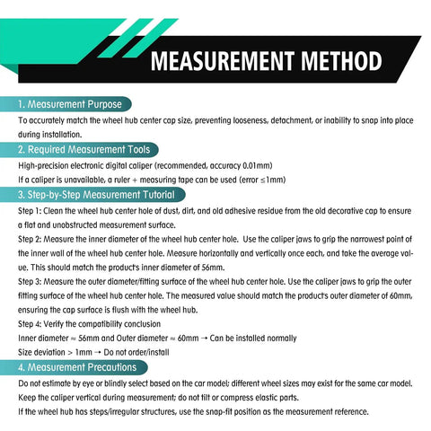 Step-by-step measurement guide for 4 Pc Heavy Duty Car Wheel Center Caps 60 Mm Bore Snap In Hub Caps installation tips.