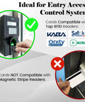 Using 10 Pack M1 Classic 1K Key Fobs Proximity RFID Cards with compatible KABA, SAFLOK, ONITY, MIWA entry systems; not with magnetic readers.
