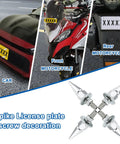 Spike License Plate Screws Kit Four Pcs Universal Fit Bolt Fasteners For Cars Trucks And Motorcycles In Stainless Steel And Aluminum Alloy Totally Slick Decor To Give Your Plate A Bold Streetwise Look, shown mounted on car and motorcycles.