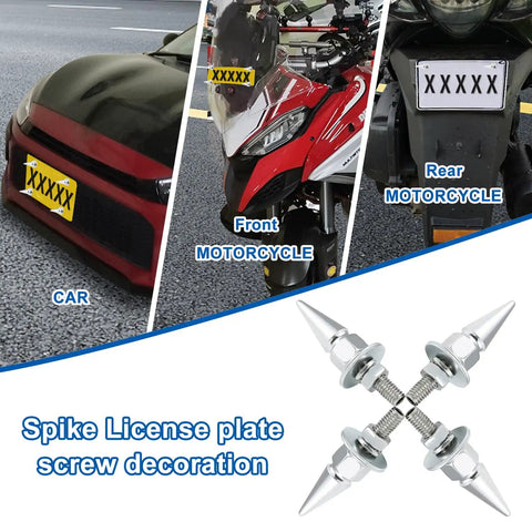 Spike License Plate Screws Kit Four Pcs Universal Fit Bolt Fasteners For Cars Trucks And Motorcycles In Stainless Steel And Aluminum Alloy Totally Slick Decor To Give Your Plate A Bold Streetwise Look, shown mounted on car and motorcycles.