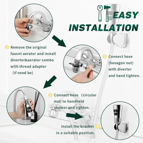 Illustration showing steps to install 4 Mode Kitchen Faucet Sprayer Hose Attachment With Pause Water Stop, 4.9 Foot Stainless Steel Hose.