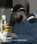 Man wearing Safety Bump Cap With LED Lighting, USB Rechargeable Headlamp Baseball Cap Style in workshop setting