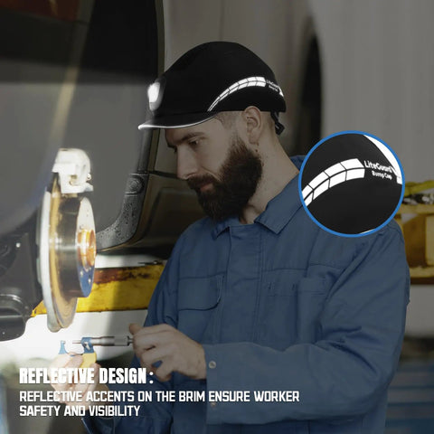 Man wearing Safety Bump Cap With LED Lighting, USB Rechargeable Headlamp Baseball Cap Style in workshop setting