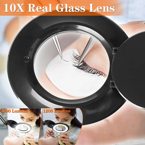 Close-up of 10X Floor Magnifying Glass With Light And Stand showing detail work on eyelashes, Ultra Bright 2200 Lumens LED Magnifier