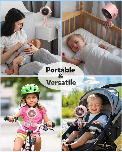 Rechargeable Clip On Baby Stroller Fan With Five Speeds, LED Display, 360 Degree Pivot, 17 Hour Battery in use at home and outdoors