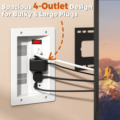 In Wall Cable Management Kit With Recessed Outlet Box And Four Power Ports to tame messy TV cords with a 4-outlet design.
